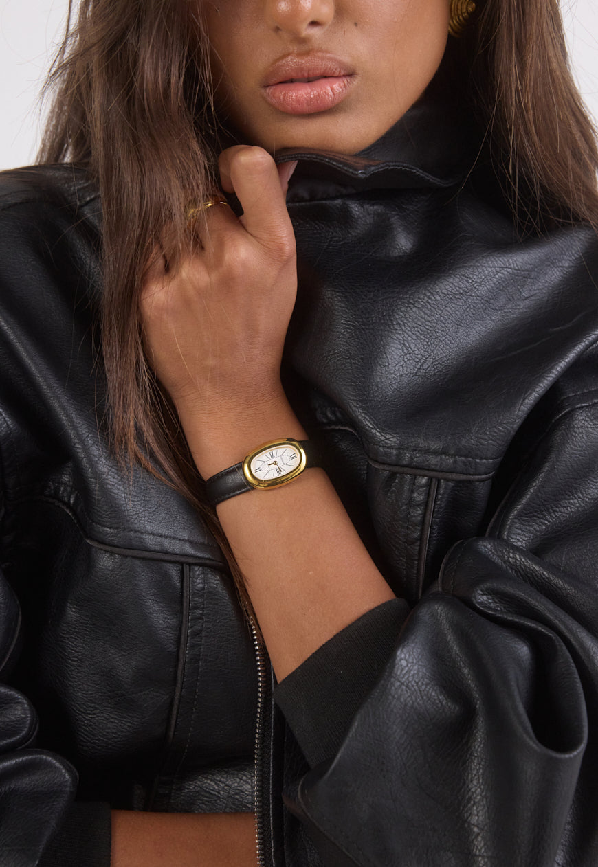 Classic | Black Smooth Leather Watch Band | Gold